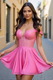 Robe de bal corset à épaules dénudées fuchsia à sequins