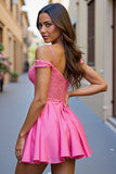 Robe de bal corset à épaules dénudées fuchsia à sequins