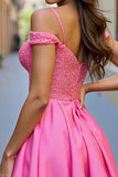 Robe de bal corset à épaules dénudées fuchsia à sequins