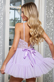 Corset en tulle lilas Robe courte de retour à la maison avec appliques