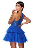 Robe courte de bal en tulle corset perlé bleu royal scintillant à une épaule