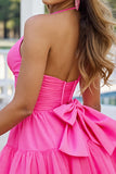 Fuchsia une ligne dos nu froncé robe courte de retour à la maison avec noeud