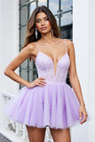 Corset en tulle lilas scintillant Une ligne spaghetti bretelles Robe courte de bal avec perles
