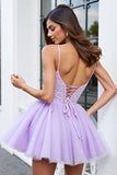 Corset en tulle lilas scintillant Une ligne spaghetti bretelles Robe courte de bal avec perles