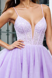 Corset en tulle lilas scintillant Une ligne spaghetti bretelles Robe courte de bal avec perles