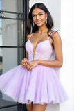 Corset en tulle lilas Une ligne spaghetti bretelles Robe courte de bal avec appliques