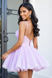 Corset en tulle lilas Une ligne spaghetti bretelles Robe courte de bal avec appliques