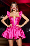 Satin fuchsia Une ligne Sweetheart Robe courte de retour à la maison avec volants