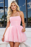 Tulle rose Une ligne froncée spaghetti bretelles robe courte de bal