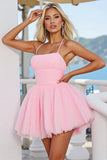 Tulle rose Une ligne froncée spaghetti bretelles robe courte de bal