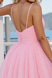 Tulle rose Une ligne froncée spaghetti bretelles robe courte de bal