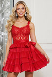 Satin rouge Une ligne appliquée Corset Robe courte de retour à la maison avec noeud