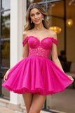 Corset fuchsia Une ligne Tulle Épaule Dénudée Robe Courte Homecoming