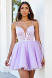 Corset en tulle lilas bretelles spaghetti Une ligne courte de bal robe de bal avec appliques