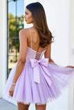 Corset en tulle lilas bretelles spaghetti Une ligne courte de bal robe de bal avec appliques
