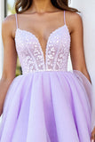 Corset en tulle lilas bretelles spaghetti Une ligne courte de bal robe de bal avec appliques
