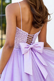 Corset en tulle lilas bretelles spaghetti Une ligne courte de bal robe de bal avec appliques