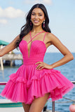 Robe courte de retour à la maison en tulle froncé une ligne fuchsia avec volants