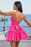 Robe courte de retour à la maison en tulle froncé une ligne fuchsia avec volants