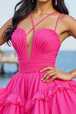 Robe courte de retour à la maison en tulle froncé une ligne fuchsia avec volants