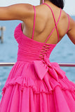 Robe courte de retour à la maison en tulle froncé une ligne fuchsia avec volants