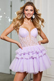 Tulle lilas Une ligne Corset Spaghetti Bretelles Robe courte de retour à la maison avec appliques