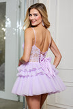 Tulle lilas Une ligne Corset Spaghetti Bretelles Robe courte de retour à la maison avec appliques