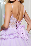 Tulle lilas Une ligne Corset Spaghetti Bretelles Robe courte de retour à la maison avec appliques