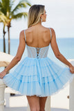 Tulle bleu clair Une ligne à plusieurs niveaux Corset court Robe de bal