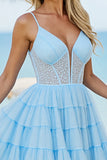 Tulle bleu clair Une ligne à plusieurs niveaux Corset court Robe de bal