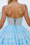 Tulle bleu clair Une ligne à plusieurs niveaux Corset court Robe de bal