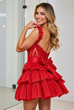 Robe de bal corset rouge à plusieurs niveaux avec noeud amovible