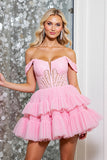 Une ligne à épaules dénudées Mini robe de bal à plusieurs niveaux fuchsia