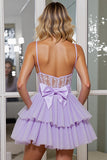 Corset lilas Une ligne Applique Homecoming Dress avec noeud amovible