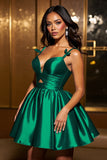 Robe de cocktail vert foncé à bretelles spaghetti scintillante A Line