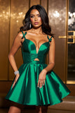 Robe de cocktail vert foncé à bretelles spaghetti scintillante A Line