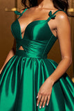 Robe de cocktail vert foncé à bretelles spaghetti scintillante A Line