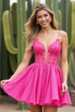 Fuchsia une ligne appliquée Mini robe de bal