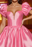 Satin rose Une ligne Corset Manches bouffantes Robe courte de retour à la maison