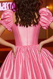 Satin rose Une ligne Corset Manches bouffantes Robe courte de retour à la maison