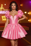 Satin rose Une ligne Corset Manches bouffantes Robe courte de retour à la maison