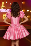 Satin rose Une ligne Corset Manches bouffantes Robe courte de retour à la maison