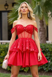 Robe courte de retour à la maison corset perlé rouge scintillant avec volants