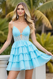 Robe courte de bal en mousseline de soie bleu clair corset à plusieurs niveaux