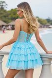 Robe courte de bal en mousseline de soie bleu clair corset à plusieurs niveaux