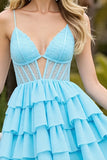 Robe courte de bal en mousseline de soie bleu clair corset à plusieurs niveaux
