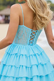 Robe courte de bal en mousseline de soie bleu clair corset à plusieurs niveaux