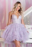 Robe courte de bal à volants en tulle lilas scintillant