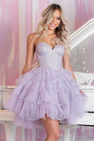 Robe courte de bal en tulle lilas scintillant avec volants