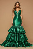 Robe de bal longue sirène en satin vert foncé avec volants